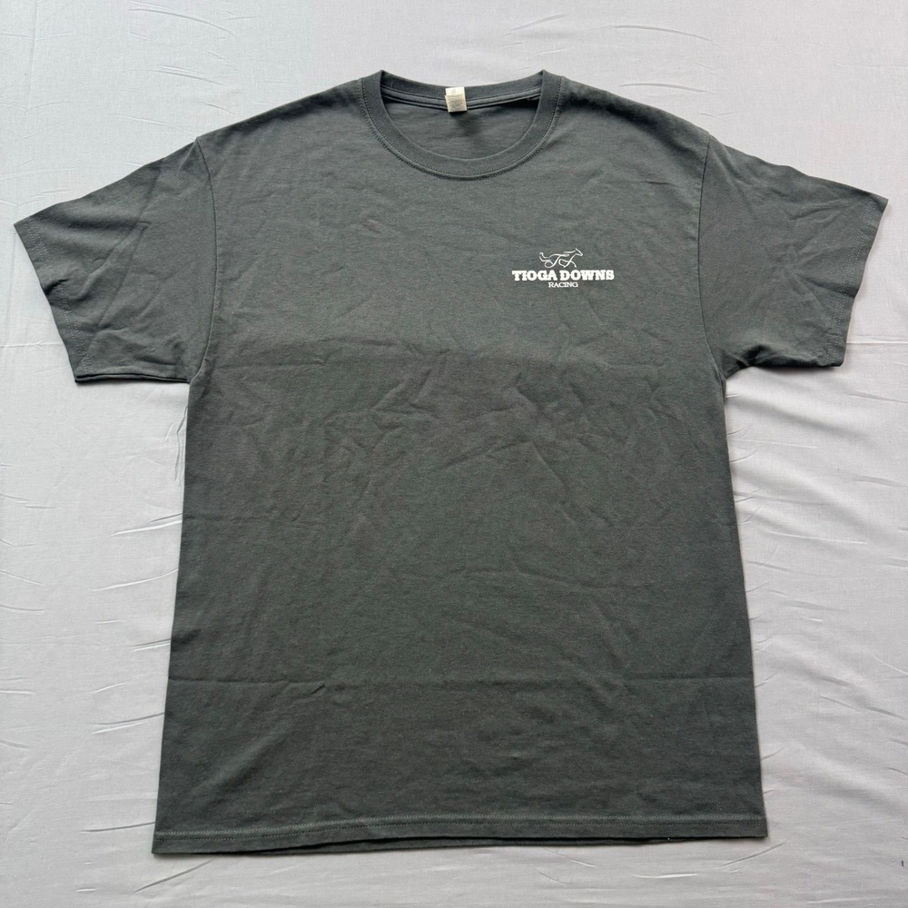 Jerzees Tioga Downs Racing T-Shirt Mens Large Gray Short Sleeve Horse Graphic